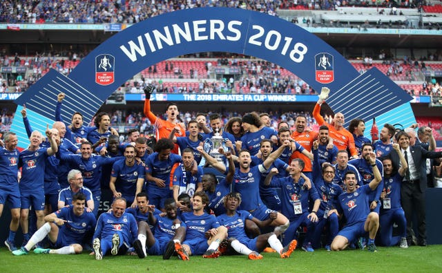 Chelsea's squad celebrate winning the FA Cup