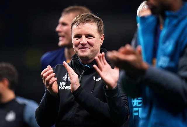 Newcastle manager Eddie Howe applauds the fans at full-time