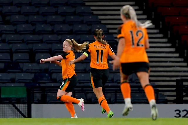 Republic of Ireland’s Amber Barrett (left) celebrates after scoring the decisive goal in a World Cup play-off victory over Scotland
