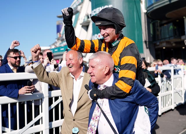 Patrick Mullins and owner Stewart Andrew after winning the Grand National