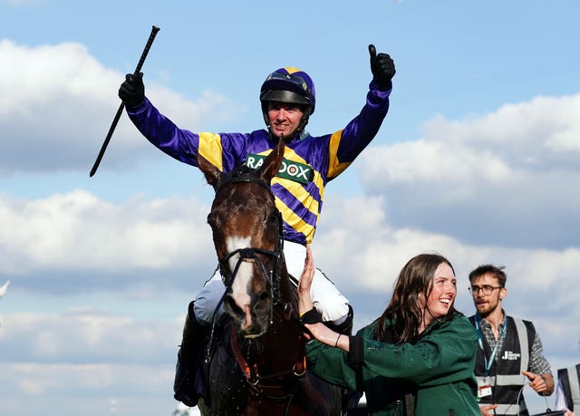 Corach Rambler and Derek Fox after winning the Grand National at Aintree