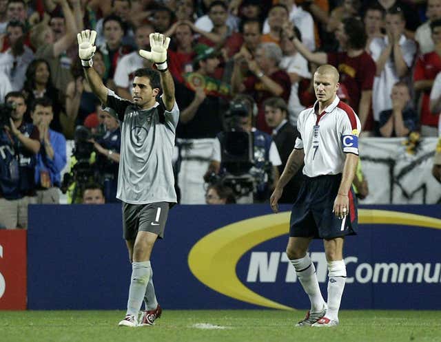 David Beckham looks dejected after missing a against Portugal goalkeeper Ricardo (Nick Potts/PA)