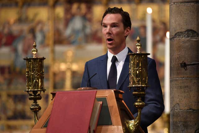 Benedict Cumberbatch speaking at the memorial service for Professor Stephen Hawking