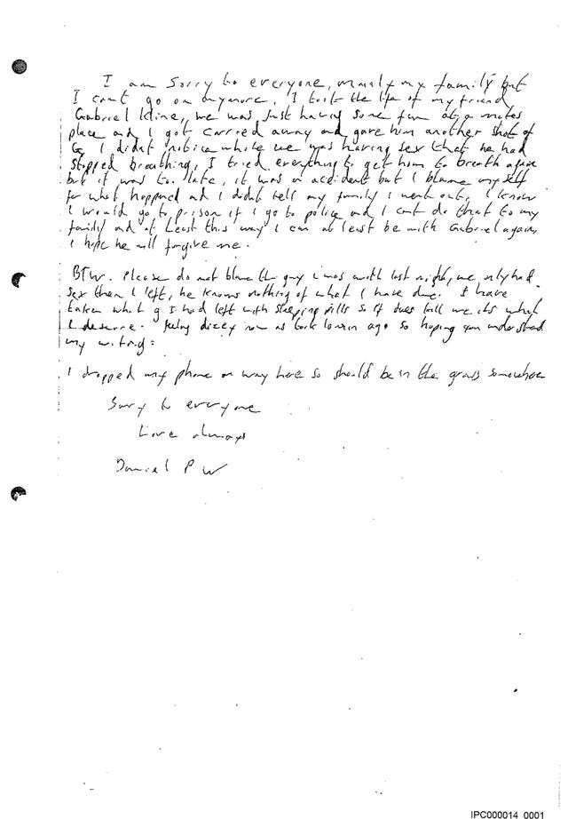 A 'suicide note', written by serial killer Stephen Port, which was placed on the dead body of Daniel Whitworth