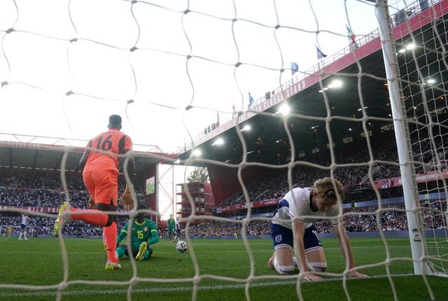 England’s Anthony Gordon reacts to a missed chance against Senegal