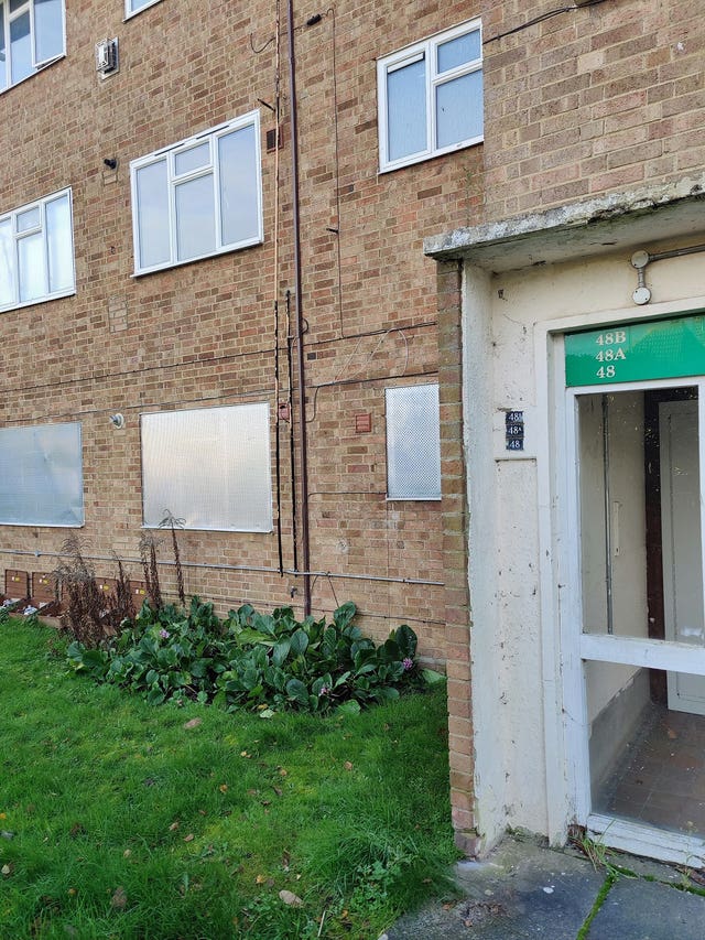 The first floor flat in Woking, Surrey where Laura Winham, 38, was found in a “mummified and skeletal state” by her brother in May 2021 