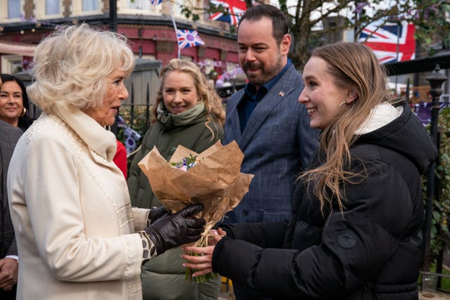 Camilla meeting Maddy Hill, Danny Dyer and Rose Ayling-Ellis on the set of EastEnders