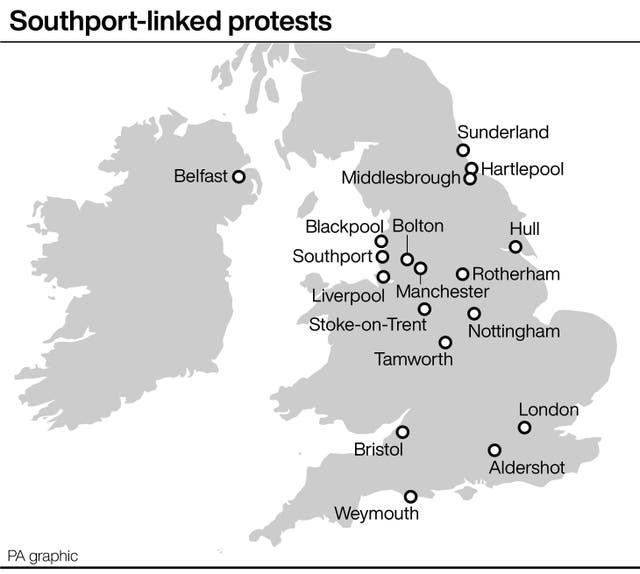 Location map for Southport-linked protests