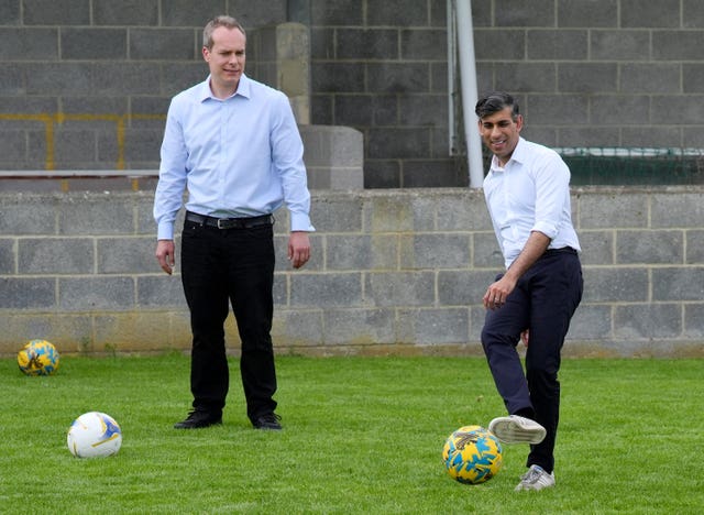 Prime Minister Rishi Sunak participates in a training session with members of Wantage Town Football Club
