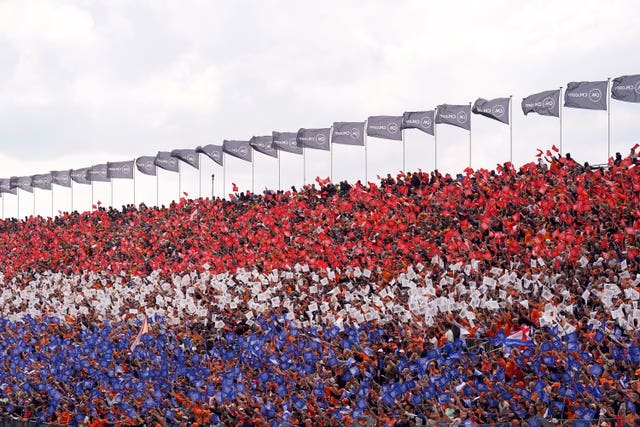 Fans in the stands at Zandvoort create the Dutch flag