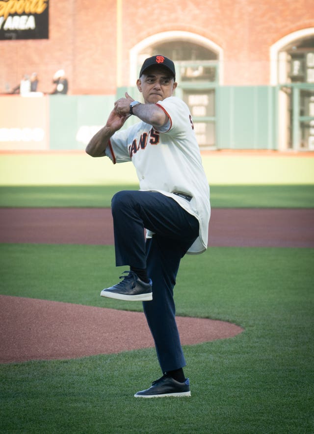 Mayor of London Sadiq Khan pitches the first ball at the San Francisco Giants v Colorado Rockies baseball game at Oracle Park 