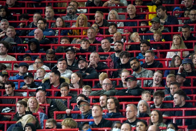 Manchester United fans in the new rail seating section at Old Trafford for the pre-season friendly against Brentford