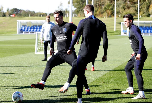 ewis Dunk (left) was one of the new faces at England training at St George’s Park (Martin Rickett/PA).