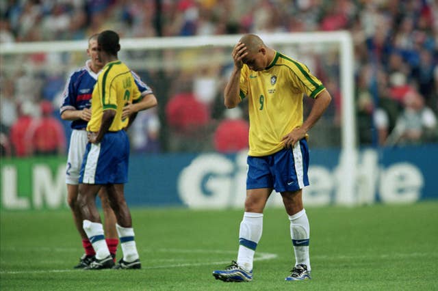 Ronaldo (right) and Brazil crashed to a 3-0 defeat in the final against France (Michael Steele/EMPICS).