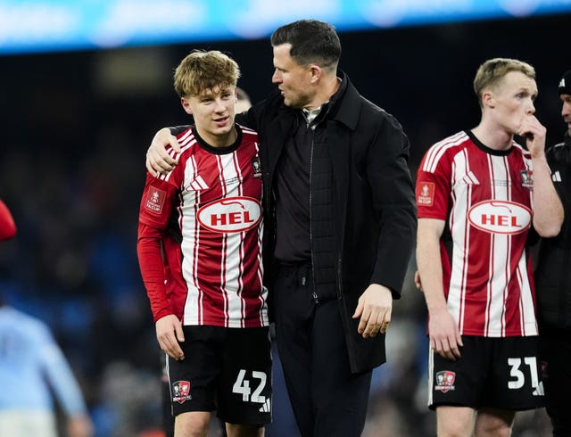 Exeter City’s George Birch with manager Gary Caldwell