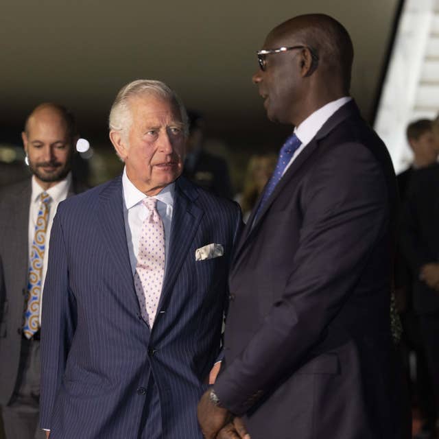Charles with Johnston Busingye, Rwanda ambassador to the UK (Ian Vogler/Daily Mirror/PA)