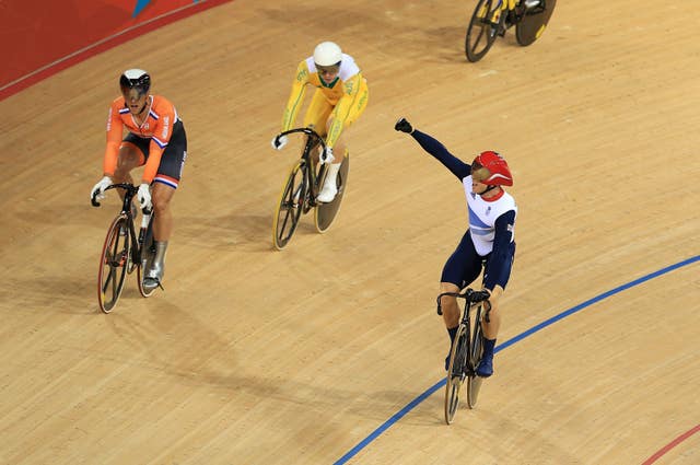Hoy celebrates winning his sixth and final Olympic gold medal in the keirin at London 2012