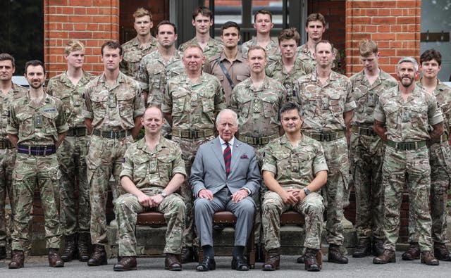 Charles on a visit to 1st Battalion Grenadier Guards at Lille Barracks in Aldershot, ahead of their participation in Trooping the Colour