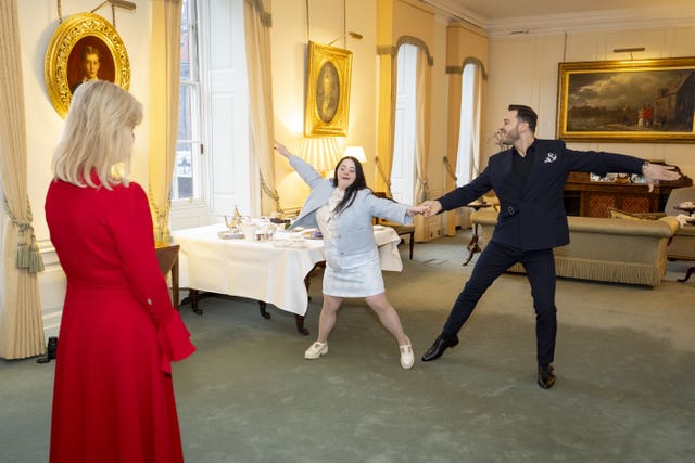 The Duchess of Edinburgh watches former Strictly Come Dancing contestants Ellie Goldstein and Vito Coppola at St James’ Palace