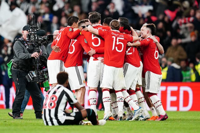 Manchester United celebrate victory over Newcastle in the Carabao Cup Final at Wembley