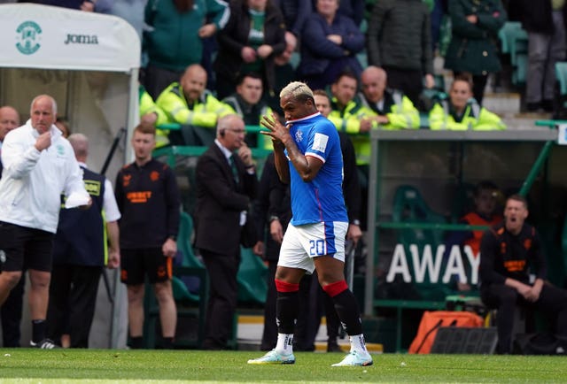 Alfredo Morelos leaves the pitch after being sent off against Hibernian