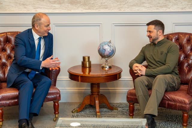 Taoiseach Micheal Martin (left) during a meeting with Volodymyr Zelensky at Shannon Airport