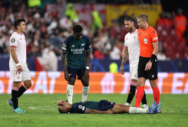 Arsenal''s Gabriel Jesus lies injured against Sevilla