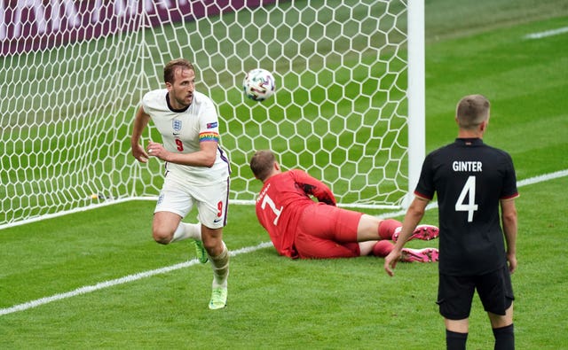 Harry Kane wheels away after cementing a 2-0 victory over Germany to send England into the Euro 2020 quarter-finals