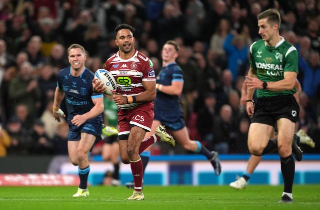 Bevan French scores a try for Wigan