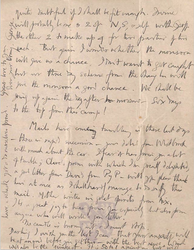 The final letter written by mountaineer George Mallory to his wife Ruth shortly before his fateful final summit attempt of Mount Everest 