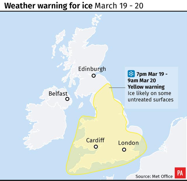 Weather warning for ice March 19 - 20 (PA Graphics)