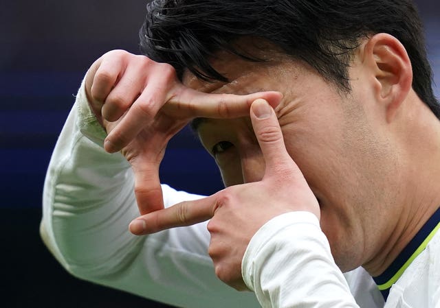 Son Heung-min celebrates scoring against Nottingham Forest in March