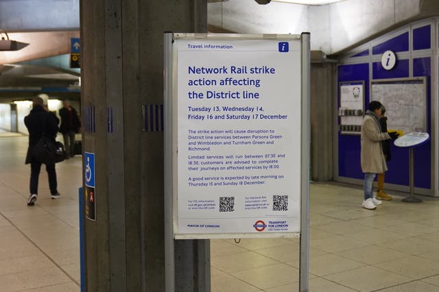 Signage at Westminster Underground station in London during a strike by members of the Rail, Maritime and Transport union