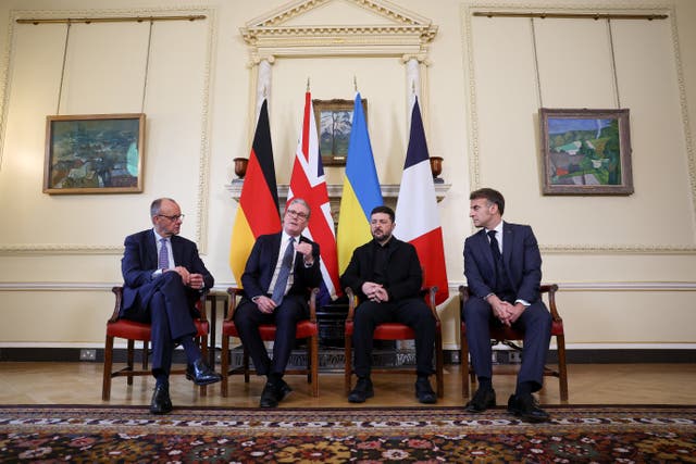 German Chancellor Friedrich Merz, Prime Minister Sir Keir Starmer, Ukrainian President Volodymyr Zelensky and French President Emmanuel Macron during a meeting in Downing Street, London