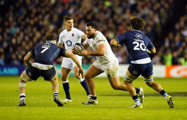 Ellis Genge carries the ball during the Calcutta Cup win over Scotland in February 2025.