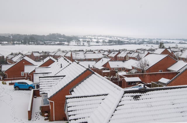 Snow covered rooftops in Hulme, Staffordshire
