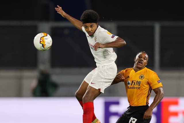 Sevilla’s Jules Kounde heads the ball next to Wolverhampton Wanderer’s Adama Traore during the UEFA Europa League, Quarter Final match at the Schauinsland-Reisen-Arena, Duisburg