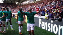 Bruno Guimaraes celebrates scoring Newcastle’s fourth (John Walton/PA)