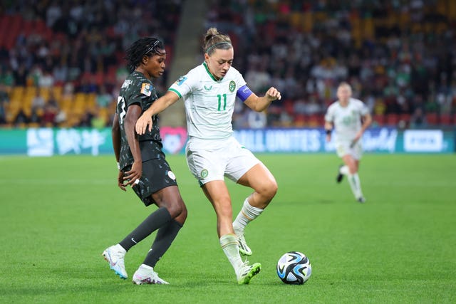 Ireland captain Katie McCabe (right) and Nigeria’s Gift Monday battle for the ball (PA)