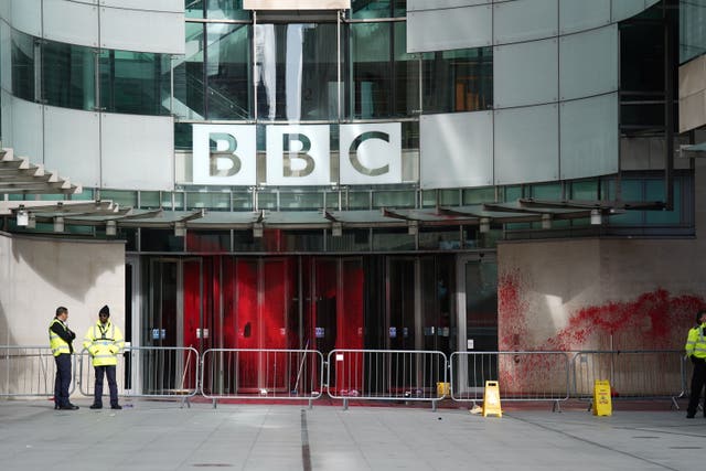 The scene at BBC Broadcasting House in London, after red paint was sprayed over the entrance