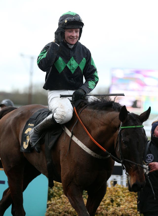 Stan Sheppard celebrates winning The Wigley Group Classic Handicap Chase on Iwildoit during the Wigley Group Classic Chase Day at Warwick Racecourse