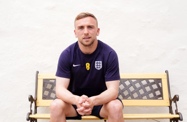 England's Jarrod Bowen poses for a portrait sitting on a bench during a media day