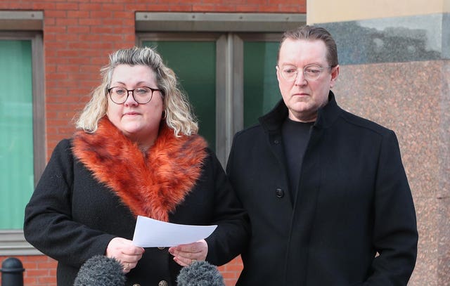Lisa and Russell Squire, the parents of Libby Squire, speaking outside Sheffield Crown Court 