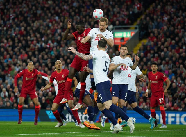 Liverpool’s Ibrahima Konate (left) and Tottenham Hotspur’s Harry Kane battle for the ball during the Premier League match at Anfield, Liverpool. Picture date: Saturday May 7, 2022