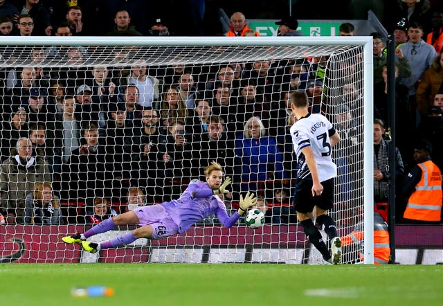 Liverpool goalkeeper Caoimhin Kelleher denied Derby three times in Wednesday night's Carabao Cup penalty shootout