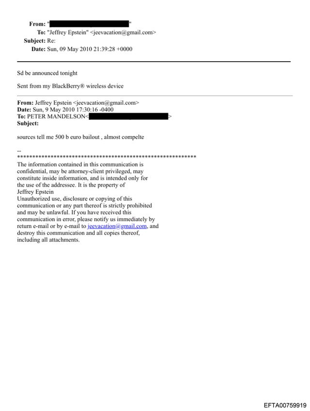 An apparent email exchange between Jeffrey Epstein and Lord Mandelson