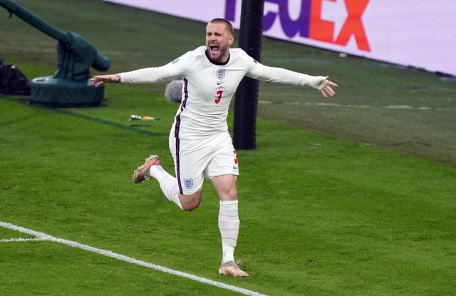 England’s Luke Shaw celebrates scoring the opening goal of the Euro 2020 final