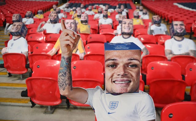 A Bud Light boxhead of Kieran Trippier is seen at Wembley prior to the 2022 World Cup qualifier against Poland in March