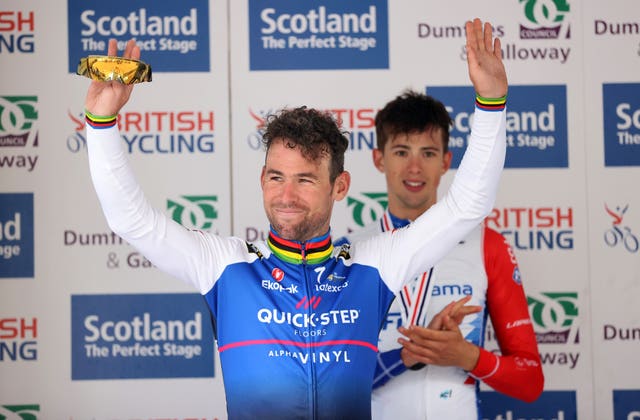 Mark Cavendish celebrates after winning the 2022 British National Road Championships road race in Castle Douglas