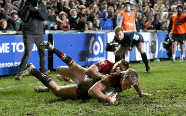 Harry Potter scores the fourth try for Leicester in their convincing victory over Newcastle at Mattioli Woods Welford Road (Nigel French/PA).